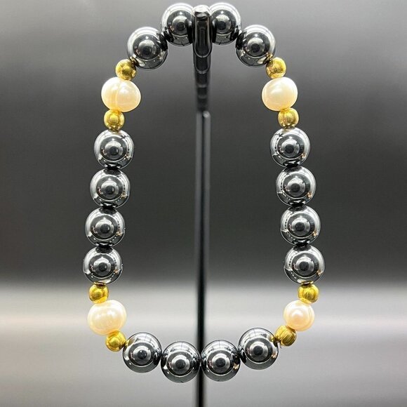 Hematite and Pearl Gemstone Bracelet Handmade - Picture 1 of 4